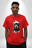 Yeni Yıl Noel Rottweiler Pamuklu Bisiklet Yaka Kadın Erkek Oversize Boyfriend Dijital Baskılı Kırmızı T-Shirt