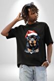 Yeni Yıl Noel Rottweiler Pamuklu Bisiklet Yaka Kadın Erkek Oversize Boyfriend Dijital Baskılı Siyah T-shirt