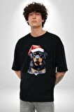 Yeni Yıl Noel Rottweiler Pamuklu Bisiklet Yaka Kadın Erkek Oversize Boyfriend Dijital Baskılı Siyah T-shirt