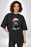 Yeni Yıl Noel Rottweiler Pamuklu Bisiklet Yaka Kadın Erkek Oversize Boyfriend Dijital Baskılı Siyah T-shirt