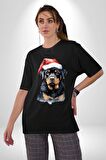 Yeni Yıl Noel Rottweiler Pamuklu Bisiklet Yaka Kadın Erkek Oversize Boyfriend Dijital Baskılı Siyah T-shirt