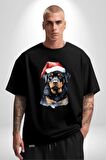 Yeni Yıl Noel Rottweiler Pamuklu Bisiklet Yaka Kadın Erkek Oversize Boyfriend Dijital Baskılı Siyah T-shirt