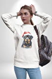 Yeni Yıl Noel Rottweiler Kadın Erkek  Beyaz Baskılı Sweatshirt 