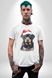 Yeni Yıl Noel Rottweiler Kadın Erkek Unisex Beyaz Organik Baskılı T-Shirt Penye Yüksek Kalite