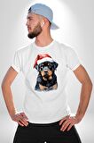 Yeni Yıl Noel Rottweiler Kadın Erkek Unisex Beyaz Organik Baskılı T-Shirt Penye Yüksek Kalite