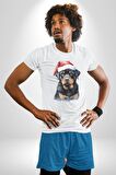 Yeni Yıl Noel Rottweiler Kadın Erkek Unisex Beyaz Organik Baskılı T-Shirt Penye Yüksek Kalite