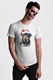 Yeni Yıl Noel Rottweiler Kadın Erkek Unisex Beyaz Organik Baskılı T-Shirt Penye Yüksek Kalite