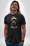 Yeni Yıl Noel Rottweiler Kadın Erkek Unisex Siyah Organik Baskılı T-Shirt Penye Yüksek Kalite