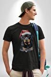 Yeni Yıl Noel Rottweiler Kadın Erkek Unisex Siyah Organik Baskılı T-Shirt Penye Yüksek Kalite