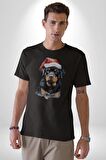Yeni Yıl Noel Rottweiler Kadın Erkek Unisex Siyah Organik Baskılı T-Shirt Penye Yüksek Kalite