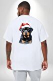 Yeni Yıl Noel Rottweiler Büyük Beden Beyaz Tişört Kadın Erkek Ünisex Sırt Baskılı