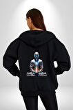 Yeni Nesil Yoga Yapay Zeka Kadın Erkek Siyah Renk Kapüşonlu Kanguru Cepli  Fermuarlı Pamuklu Oversize Dijital Baskılı Hırka Sweatshirt