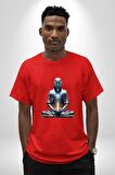Yeni Nesil Yoga Yapay Zeka Pamuklu Bisiklet Yaka Kadın Erkek Oversize Boyfriend Dijital Baskılı Kırmızı T-Shirt