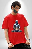Yeni Nesil Yoga Yapay Zeka Pamuklu Bisiklet Yaka Kadın Erkek Oversize Boyfriend Dijital Baskılı Kırmızı T-Shirt