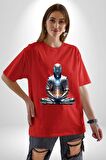 Yeni Nesil Yoga Yapay Zeka Pamuklu Bisiklet Yaka Kadın Erkek Oversize Boyfriend Dijital Baskılı Kırmızı T-Shirt