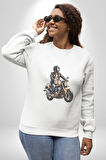 Kask Motorsiklet Dünya Turu Kadın Erkek  Beyaz Baskılı Sweatshirt 