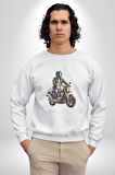 Kask Motorsiklet Dünya Turu Kadın Erkek  Beyaz Baskılı Sweatshirt 