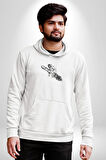 Roket Astronot  Kadın Erkek  Beyaz Kapüşonlu Sweatshirt Hoodie