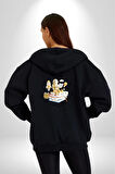 Astronot Kitap Füze Saat Ampül Büyüteç Kadın Erkek Siyah Renk Kapüşonlu Kanguru Cepli  Fermuarlı Pamuklu Oversize Dijital Baskılı Hırka Sweatshirt