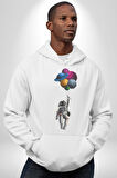 Gezegenler Balon Astronot Yükselişi Kadın Erkek  Beyaz Kapüşonlu Sweatshirt Hoodie