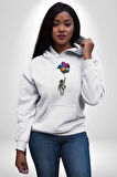 Gezegenler Balon Astronot Yükselişi Kadın Erkek  Beyaz Kapüşonlu Sweatshirt Hoodie