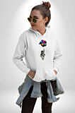 Gezegenler Balon Astronot Yükselişi Kadın Erkek  Beyaz Kapüşonlu Sweatshirt Hoodie