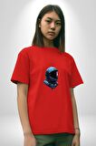 Uzay Boşluğuda Astonot Pamuklu Bisiklet Yaka Kadın Erkek Oversize Boyfriend Dijital Baskılı Kırmızı T-Shirt