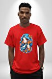 Deniz Kızı Deniz Yıldızı Mavi Saçlı Pamuklu Bisiklet Yaka Kadın Erkek Oversize Boyfriend Dijital Baskılı Kırmızı T-Shirt