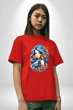 Deniz Kızı Deniz Yıldızı Mavi Saçlı Pamuklu Bisiklet Yaka Kadın Erkek Oversize Boyfriend Dijital Baskılı Kırmızı T-Shirt