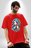 Deniz Kızı Deniz Yıldızı Mavi Saçlı Pamuklu Bisiklet Yaka Kadın Erkek Oversize Boyfriend Dijital Baskılı Kırmızı T-Shirt