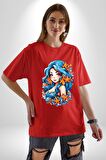 Deniz Kızı Deniz Yıldızı Mavi Saçlı Pamuklu Bisiklet Yaka Kadın Erkek Oversize Boyfriend Dijital Baskılı Kırmızı T-Shirt