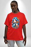 Deniz Kızı Deniz Yıldızı Mavi Saçlı Pamuklu Bisiklet Yaka Kadın Erkek Oversize Boyfriend Dijital Baskılı Kırmızı T-Shirt