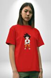 Çizgifilm Çocuk Goku Anime Asya  Pamuklu Bisiklet Yaka Kadın Erkek Oversize Boyfriend Dijital Baskılı Kırmızı T-Shirt