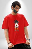 Çizgifilm Çocuk Goku Anime Asya  Pamuklu Bisiklet Yaka Kadın Erkek Oversize Boyfriend Dijital Baskılı Kırmızı T-Shirt
