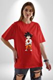 Çizgifilm Çocuk Goku Anime Asya  Pamuklu Bisiklet Yaka Kadın Erkek Oversize Boyfriend Dijital Baskılı Kırmızı T-Shirt