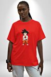 Çizgifilm Çocuk Goku Anime Asya  Pamuklu Bisiklet Yaka Kadın Erkek Oversize Boyfriend Dijital Baskılı Kırmızı T-Shirt