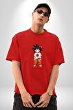 Çizgifilm Çocuk Goku Anime Asya  Pamuklu Bisiklet Yaka Kadın Erkek Oversize Boyfriend Dijital Baskılı Kırmızı T-Shirt