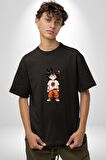 Çizgifilm Çocuk Goku Anime Asya  Pamuklu Bisiklet Yaka Kadın Erkek Oversize Boyfriend Dijital Baskılı Siyah T-shirt