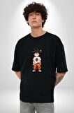 Çizgifilm Çocuk Goku Anime Asya  Pamuklu Bisiklet Yaka Kadın Erkek Oversize Boyfriend Dijital Baskılı Siyah T-shirt
