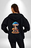 Renkli Mantar Süsler Kadın Erkek Siyah Renk Kapüşonlu Kanguru Cepli  Fermuarlı Pamuklu Oversize Dijital Baskılı Hırka Sweatshirt