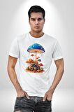 Renkli Mantar Süsler Kadın Erkek Unisex Beyaz Organik Baskılı T-Shirt Penye Yüksek Kalite