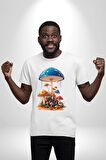 Renkli Mantar Süsler Kadın Erkek Unisex Beyaz Organik Baskılı T-Shirt Penye Yüksek Kalite