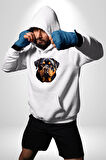Rottweiler Kafası Kadın Erkek  Beyaz Kapüşonlu Sweatshirt Hoodie