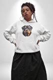 Rottweiler Kafası Kadın Erkek  Beyaz Kapüşonlu Sweatshirt Hoodie