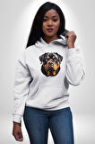 Rottweiler Kafası Kadın Erkek  Beyaz Kapüşonlu Sweatshirt Hoodie