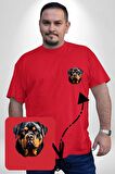 Rottweiler Kafası Kırmızı Büyük Beden Kadın Basic Minimal Baskılı Tişört