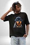 Rottweiler Koca Kafa Puppy Pamuklu Bisiklet Yaka Kadın Erkek Oversize Boyfriend Dijital Baskılı Siyah T-shirt