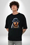 Rottweiler Koca Kafa Puppy Pamuklu Bisiklet Yaka Kadın Erkek Oversize Boyfriend Dijital Baskılı Siyah T-shirt