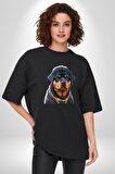 Rottweiler Koca Kafa Puppy Pamuklu Bisiklet Yaka Kadın Erkek Oversize Boyfriend Dijital Baskılı Siyah T-shirt