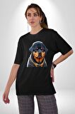 Rottweiler Koca Kafa Puppy Pamuklu Bisiklet Yaka Kadın Erkek Oversize Boyfriend Dijital Baskılı Siyah T-shirt